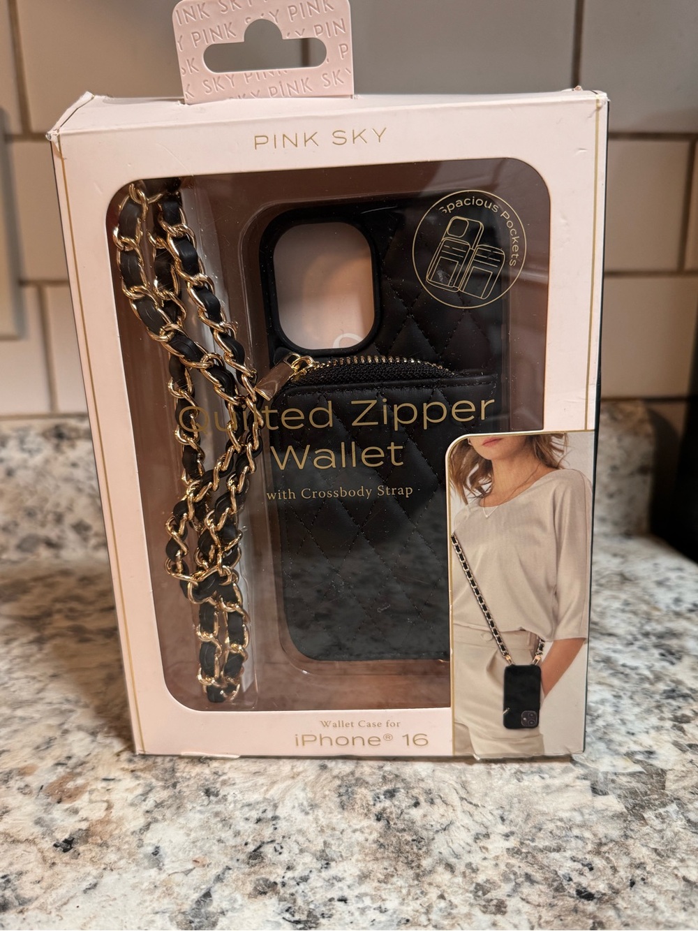 Black Quilted Zipper Wallet Crossbody iPhone 16 Case